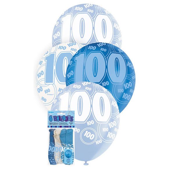 "100" Glitz Blue Balloons 30cm (Pack of 6) - The Party Marketplace