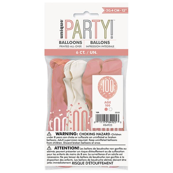"100" Rose Gold & White Assorted Balloons 30cm (Pack of 6) - The Party Marketplace