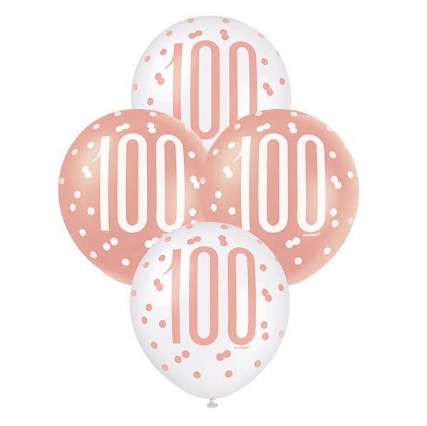 "100" Rose Gold & White Assorted Balloons 30cm (Pack of 6) - The Party Marketplace