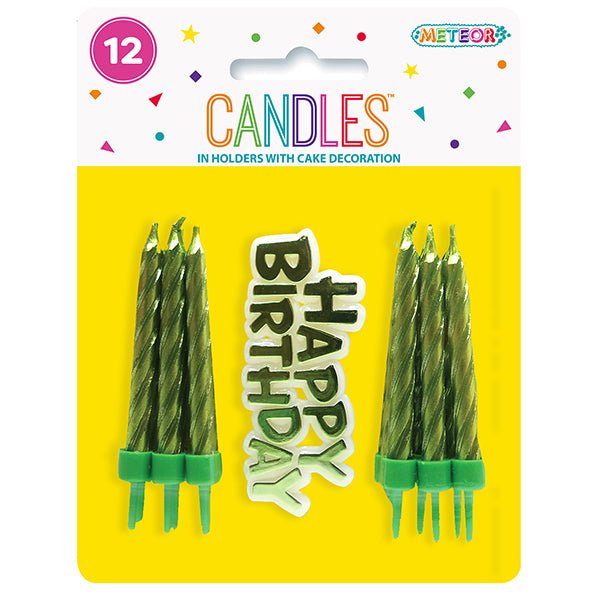 12 Candles & Holders With "Happy Birthday" Decoration - Lime Green - The Party Marketplace