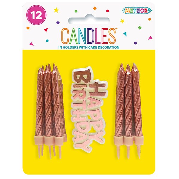 12 Candles & Holders With "Happy Birthday" Decoration - Rose Gold - The Party Marketplace