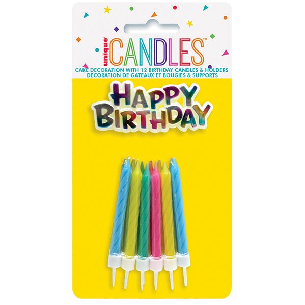 12 Candles & Holders With Rainbow Happy Birthday Topper - The Party Marketplace