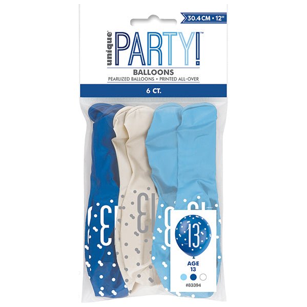 "13" Blue & White Assorted Balloons 30cm (Pack of 6) - The Party Marketplace