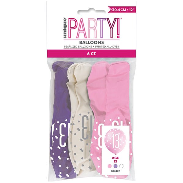 "13" Pink, Purple & White Assorted Balloons 30cm (Pack of 6) - The Party Marketplace