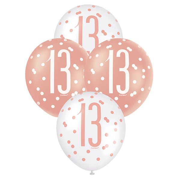 "13" Rose Gold & White Assorted Balloons 30cm (Pack of 6) - The Party Marketplace
