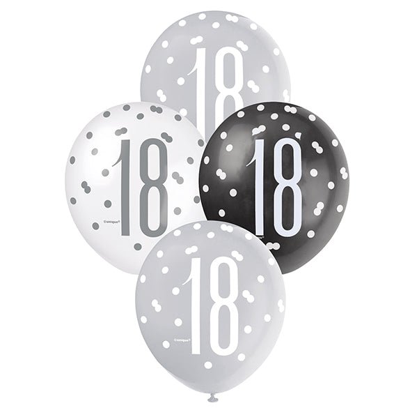 "18" Black, Silver & White Assorted Balloons 30cm (Pack of 6) - The Party Marketplace
