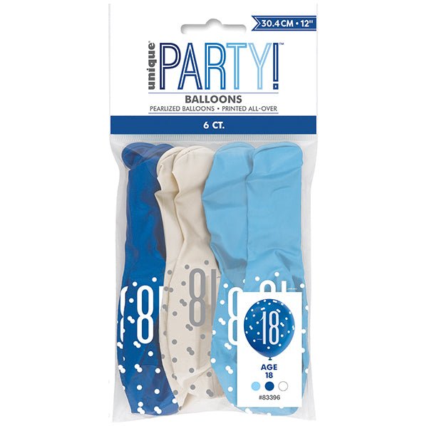 "18" Blue & White Assorted Balloons 30cm (Pack of 6) - The Party Marketplace