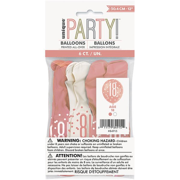 "18" Rose Gold & White Assorted Balloons 30cm (Pack of 6) - The Party Marketplace