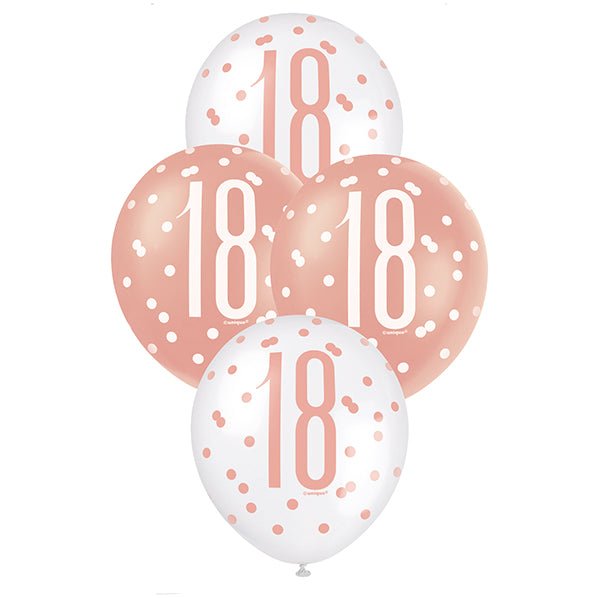 "18" Rose Gold & White Assorted Balloons 30cm (Pack of 6) - The Party Marketplace