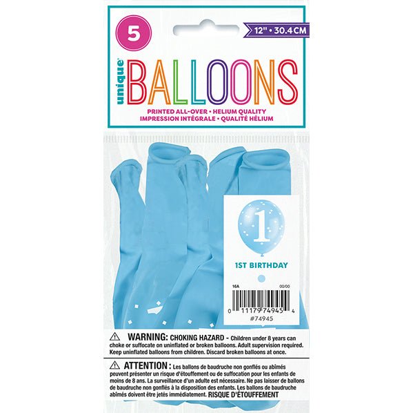 "1st Birthday" Blue Gingham Balloons 30cm (Pack of 5) - The Party Marketplace