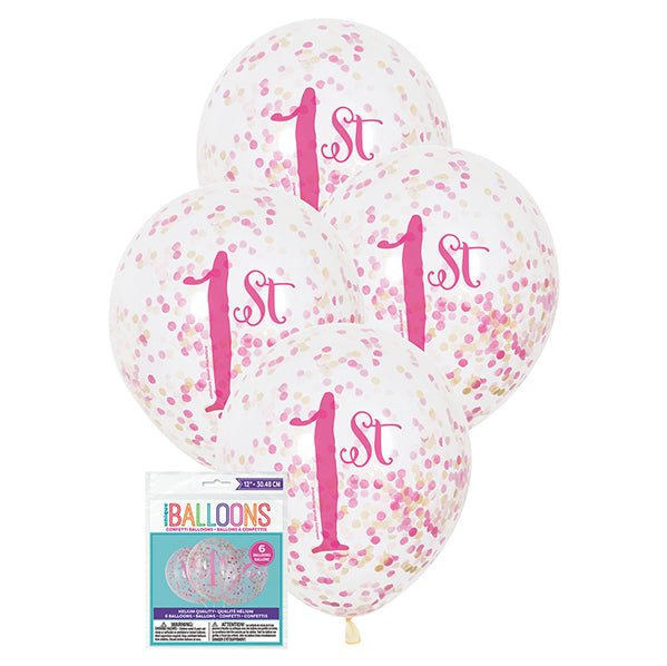 "1st Birthday" Clear Balloons With Dark Pink, Light Pink & Gold Confetti Balloons 30cm (Pack of 6) - The Party Marketplace