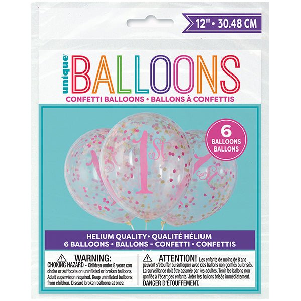 "1st Birthday" Clear Balloons With Dark Pink, Light Pink & Gold Confetti Balloons 30cm (Pack of 6) - The Party Marketplace