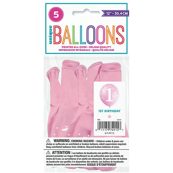 "1st Birthday" Pink Gingham Balloons 30cm (Pack of 5) - The Party Marketplace