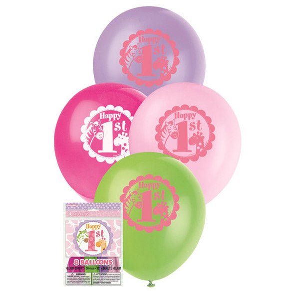"1st Birthday" Pink Safari Assorted Colour Balloons 30cm (Pack of 8) - The Party Marketplace