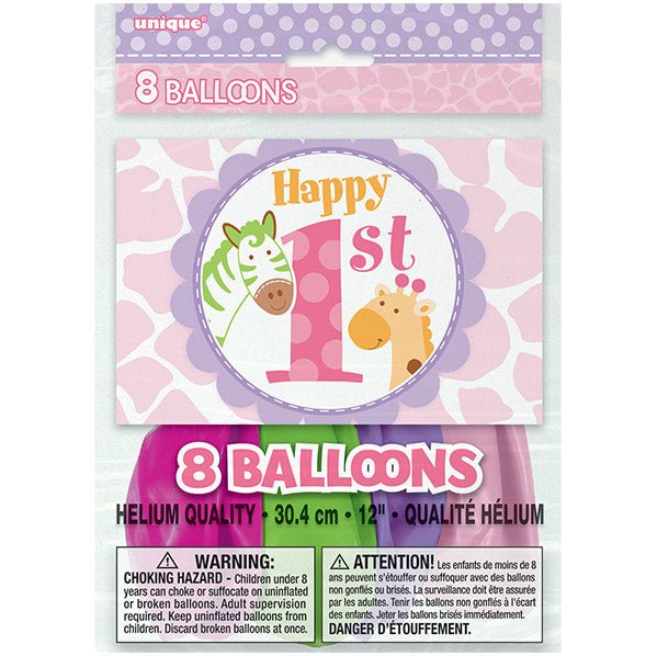 "1st Birthday" Pink Safari Assorted Colour Balloons 30cm (Pack of 8) - The Party Marketplace