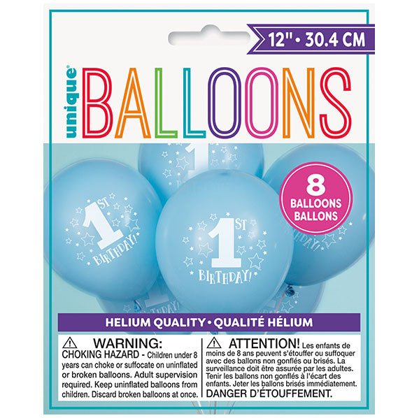 "1st Birthday Stars" Blue Balloons 30cm (Pack of 8) - The Party Marketplace