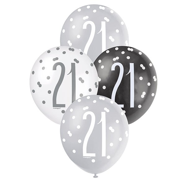 "21" Black, Silver & White Assorted Balloons 30cm (Pack of 6) - The Party Marketplace