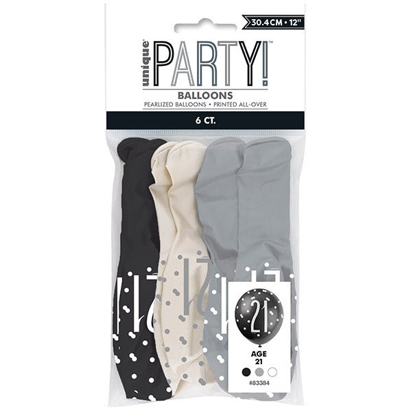 "21" Black, Silver & White Assorted Balloons 30cm (Pack of 6) - The Party Marketplace
