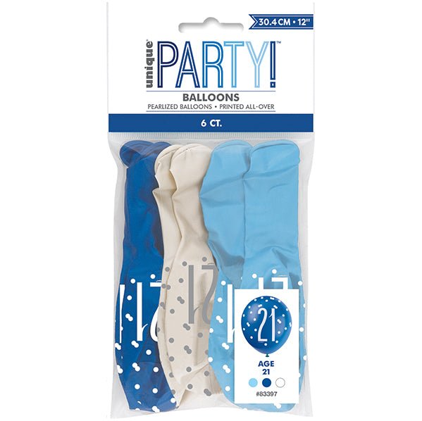 "21" Blue & White Assorted Balloons 30cm (Pack of 6) - The Party Marketplace
