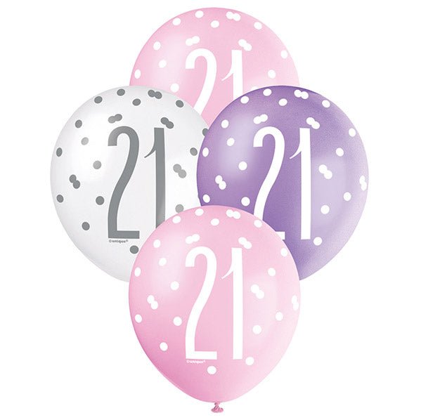 "21" Pink, Purple & White Assorted Balloons 30cm (Pack of 6) - The Party Marketplace