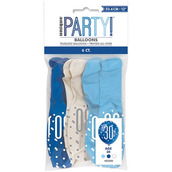 "30" Blue & White Assorted Balloons 30cm (Pack of 6) - The Party Marketplace