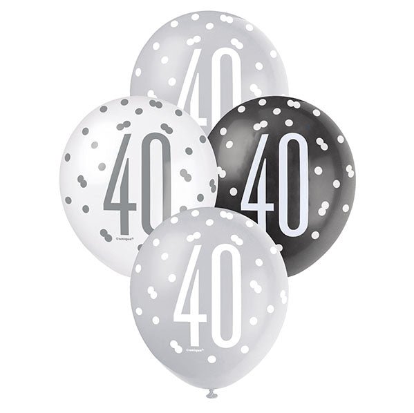 "40" Black, Silver & White Assorted Balloons 30cm (Pack of 6) - The Party Marketplace