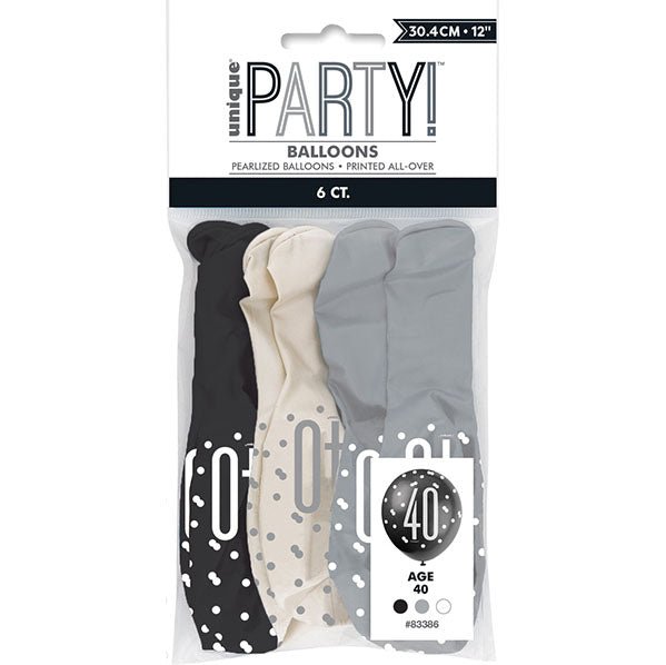 "40" Black, Silver & White Assorted Balloons 30cm (Pack of 6) - The Party Marketplace
