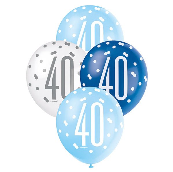 "40" Blue & White Assorted Balloons 30cm (Pack of 6) - The Party Marketplace