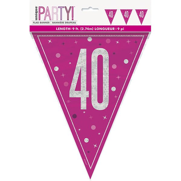 "40" Glitz Pink Foil Flag Banner - 2.74m - The Party Marketplace