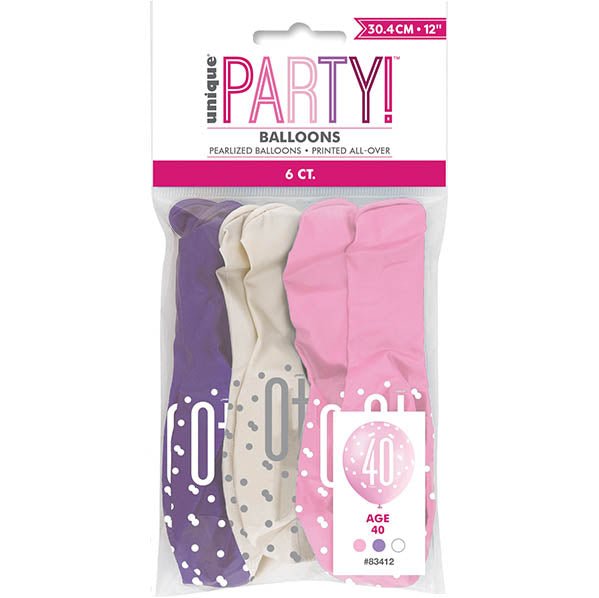"40" Pink, Purple & White Assorted Balloons 30cm (Pack of 6) - The Party Marketplace
