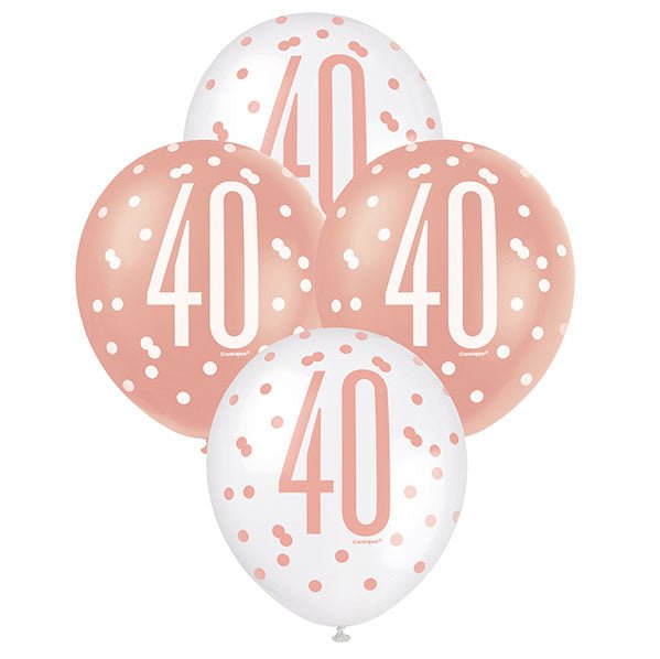 "40" Rose Gold & White Assorted Balloons 30cm (Pack of 6) - The Party Marketplace