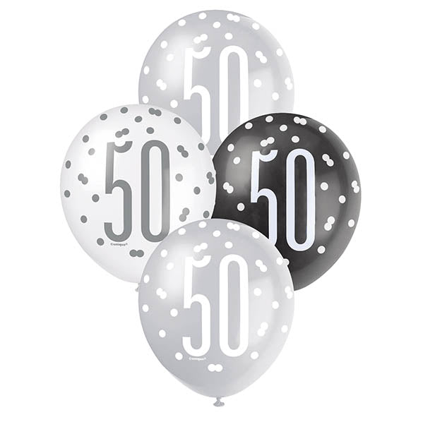 "50" Black, Silver & White Assorted Balloons 30cm (Pack of 6) - The Party Marketplace