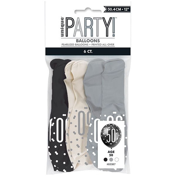 "50" Black, Silver & White Assorted Balloons 30cm (Pack of 6) - The Party Marketplace