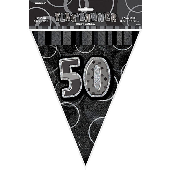 "50" Glitz Black Flag Banner - 3.65m - The Party Marketplace
