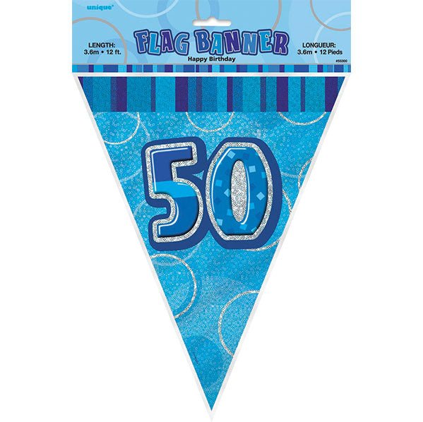 "50" Glitz Blue Flag Banner - 3.65m - The Party Marketplace