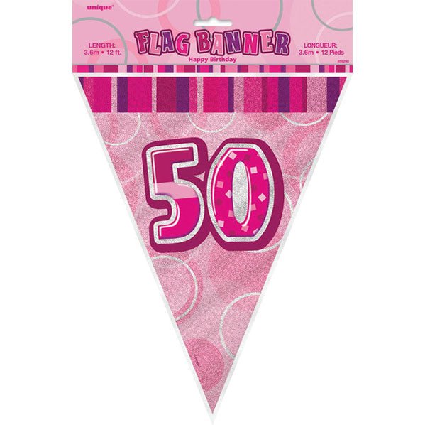 "50" Glitz Pink Flag Banner - 3.65m - The Party Marketplace