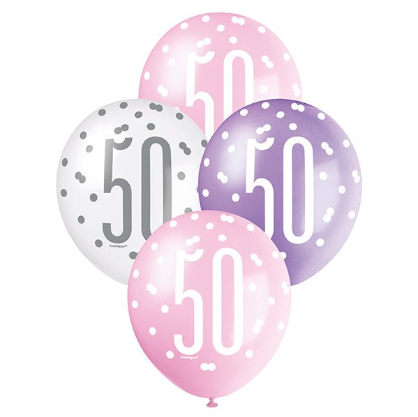 "50" Pink, Purple & White Assorted Balloons 30cm (Pack of 6) - The Party Marketplace