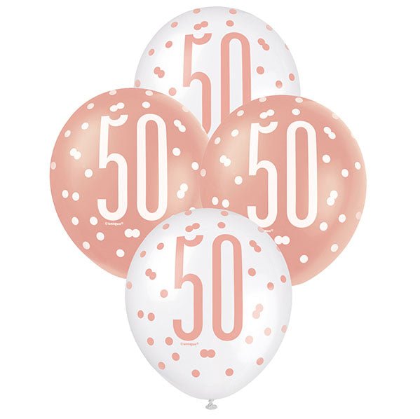"50" Rose Gold & White Assorted Balloons 30cm (Pack of 6) - The Party Marketplace