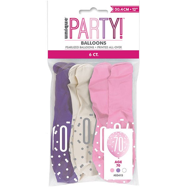 "70" Pink, Purple & White Assorted Balloons 30cm (Pack of 6) - The Party Marketplace