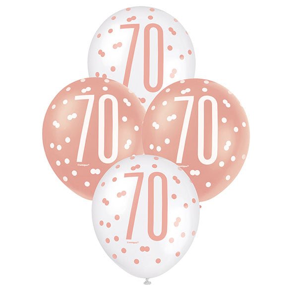 "70" Rose Gold & White Assorted Balloons 30cm (Pack of 6) - The Party Marketplace