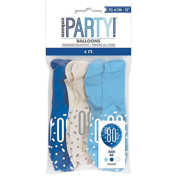 "80" Blue & White Assorted Balloons 30cm (Pack of 6) - The Party Marketplace