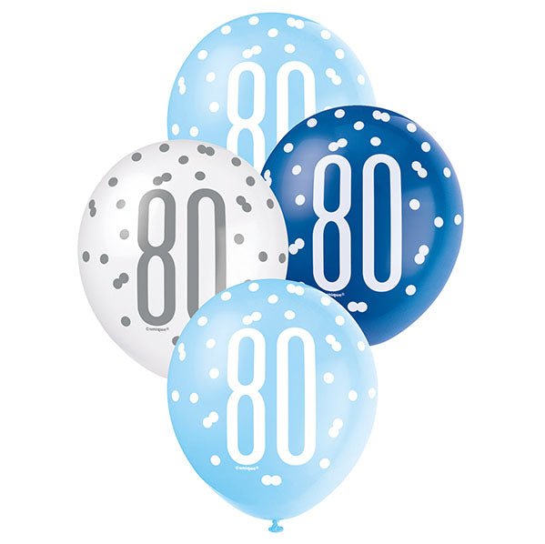 "80" Blue & White Assorted Balloons 30cm (Pack of 6) - The Party Marketplace