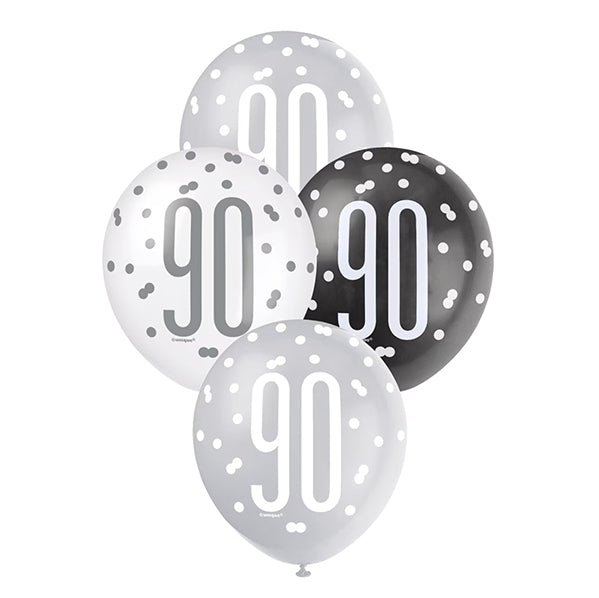 "90" Black, Silver & White Assorted Balloons 30cm (Pack of 6) - The Party Marketplace