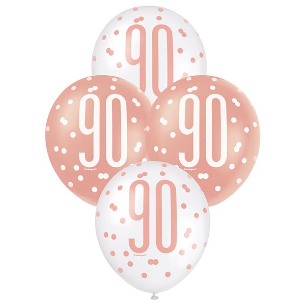 "90" Rose Gold & White Assorted Balloons 30cm (Pack of 6) - The Party Marketplace