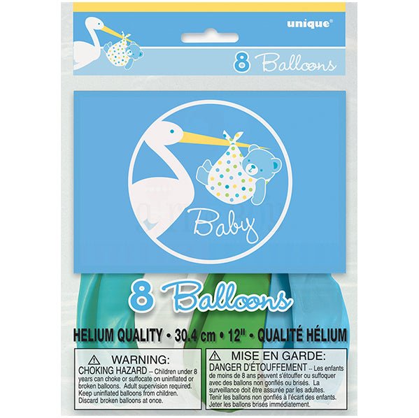 Baby Boy Stork Balloons 30cm (Pack of 8) - The Party Marketplace