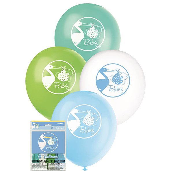 Baby Boy Stork Balloons 30cm (Pack of 8) - The Party Marketplace