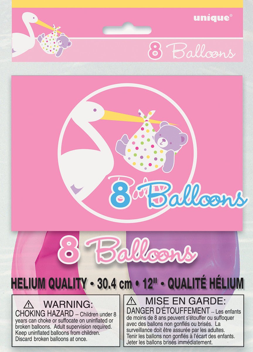Baby Girl Stork Balloons 30cm (Pack of 8) - The Party Marketplace