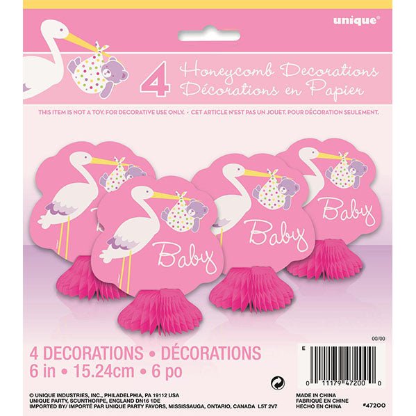 Baby Girl Stork Mini Honeycomb Decorations (Pack of 4) - The Party Marketplace