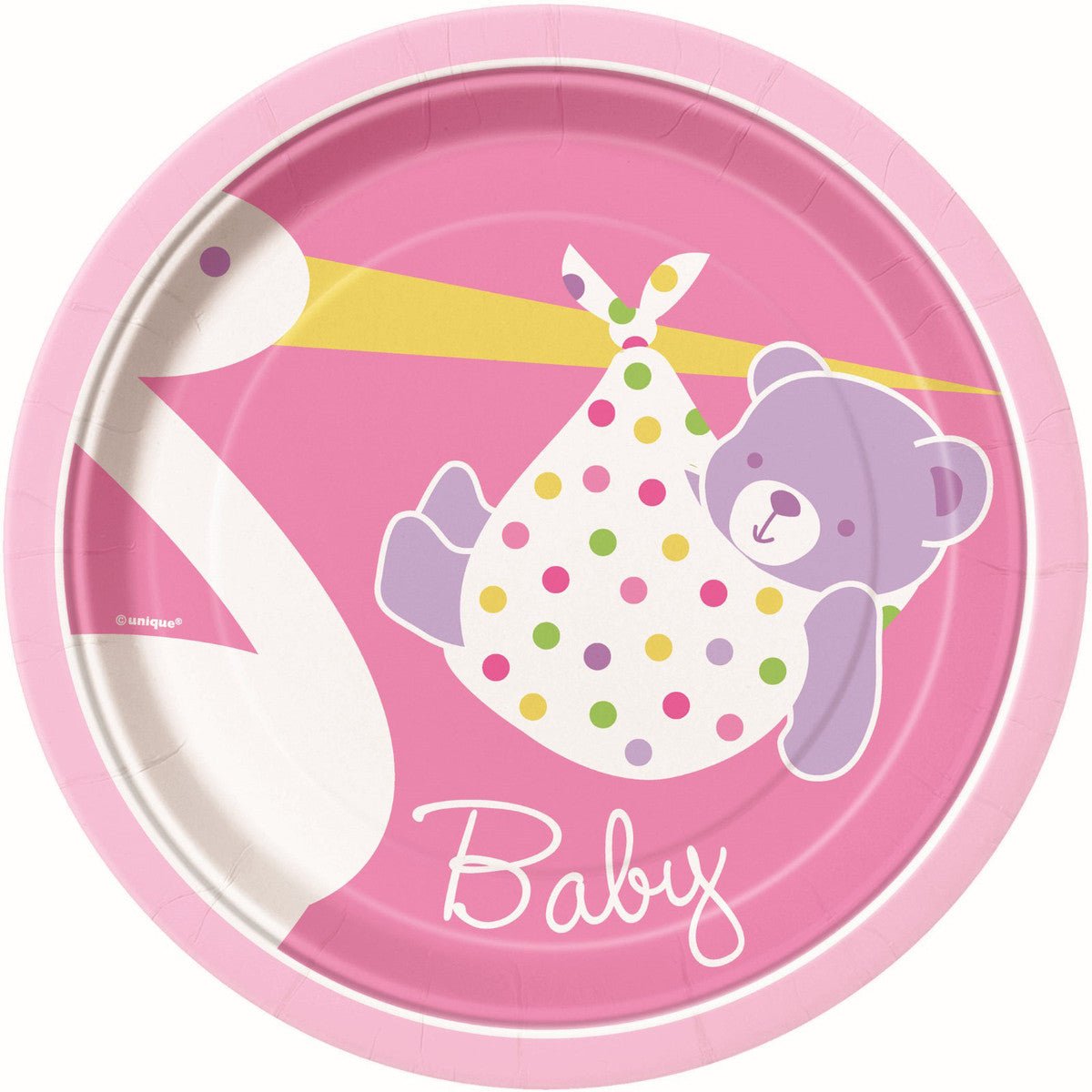 Baby Girl Stork Paper Plates 18cm (Pack of 8) - The Party Marketplace