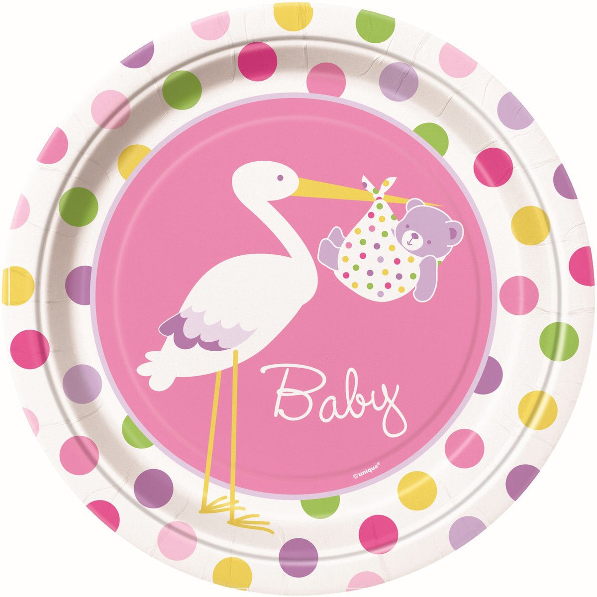 Baby Girl Stork Paper Plates 23cm (Pack of 8) - The Party Marketplace